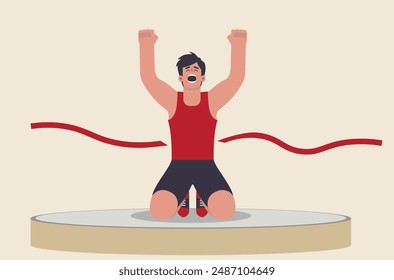 Cartoon happy man, athlete sitting on the ground with hands raised in celebration, flat vector illustration, wearing red tank top. Man on podium, pedestal.