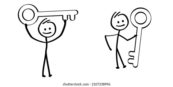 Cartoon Happy Man With Big Key. People Stickman For New House, Car Or Holiday, Vacation Home Symbol. Comic Stick Figure Man With Keys. Success Concept. Vector Icon Or Pictogram.