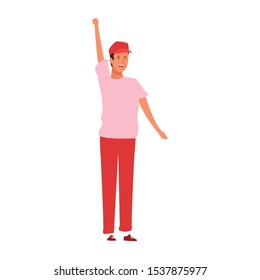 cartoon happy man with blank placard icon over white background, vector illustration
