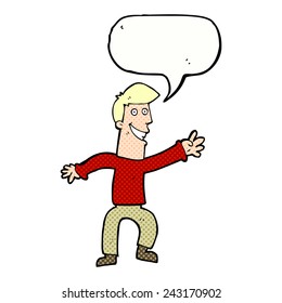 cartoon happy man dancing with speech bubble