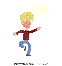 cartoon happy man dancing with speech bubble