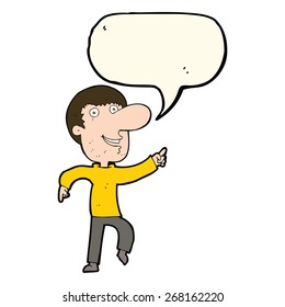 cartoon happy man dancing with speech bubble