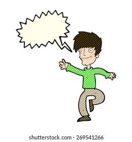 hombre feliz de dibujos animados bailando con burbuja de palabras