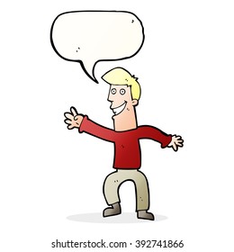Cartoon-glücklicher Mann, der mit Sprachblase tanzt