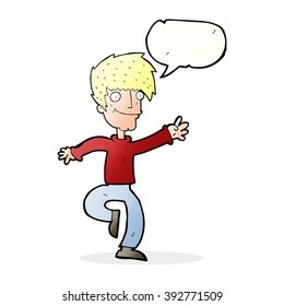 hombre feliz de dibujos animados bailando con burbuja de palabras