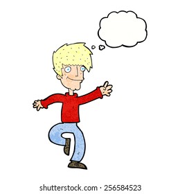 cartoon happy man dancing with thought bubble
