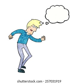 hombre feliz de dibujos animados bailando con burbuja de pensamientos