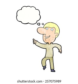 cartoon happy man dancing with thought bubble