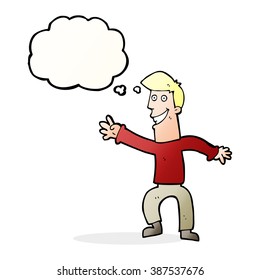 cartoon happy man dancing with thought bubble