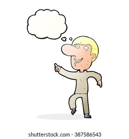 cartoon happy man dancing with thought bubble