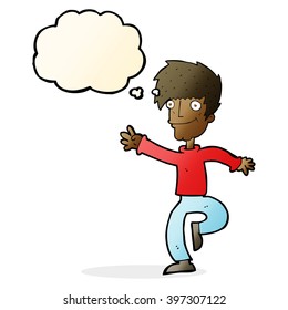 cartoon happy man dancing with thought bubble