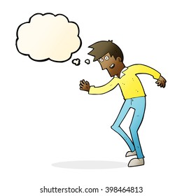 cartoon happy man dancing with thought bubble