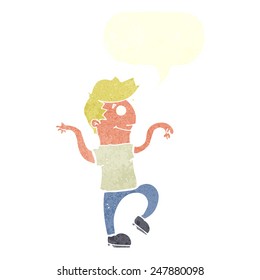 cartoon happy man doing funny dance with speech bubble
