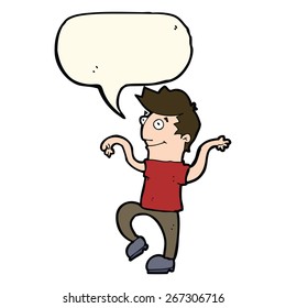 cartoon happy man doing funny dance with speech bubble
