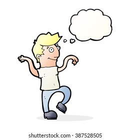 cartoon happy man doing funny dance with thought bubble