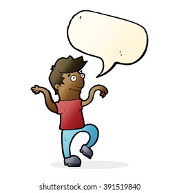 cartoon happy man doing funny dance with speech bubble