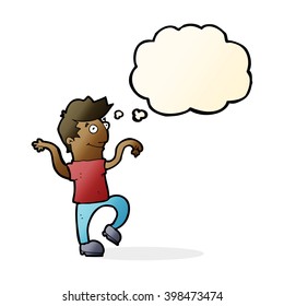 cartoon happy man doing funny dance with thought bubble