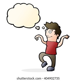 cartoon happy man doing funny dance with thought bubble