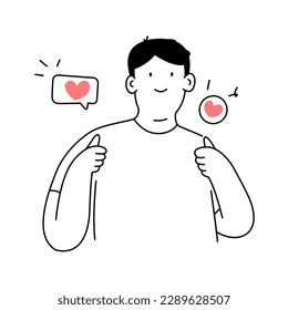 Cartoon happy man doing thumbs up gesture. Gesture cool. Positive emotions. Agreement approval. Thin line, doodle vector illustration on white 