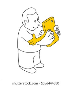 Cartoon of a happy man and his smart phone hugging each other. Smart phone, internet and social media addiction concept.