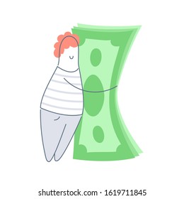 Cartoon happy man hugging with a Money Stack. Luck, financial success, wages, salary or earnings, revenue increase, interest rate, income growth, budget profit, financial fund growth. Linear vector