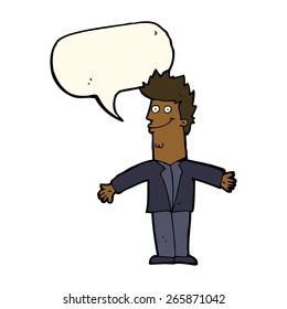 cartoon happy man with open arms with speech bubble