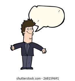 cartoon happy man with open arms with speech bubble