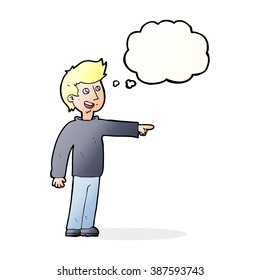 cartoon happy man pointing and laughing with thought bubble