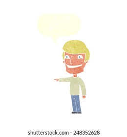 cartoon happy man pointing with speech bubble