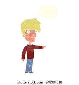 hombre feliz de dibujos animados señalando con burbuja de discursos