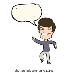 cartoon happy man pointing with speech bubble