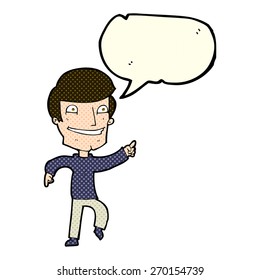 cartoon happy man pointing with speech bubble