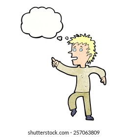 cartoon happy man pointing with thought bubble