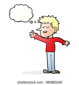 cartoon happy man reaching with thought bubble