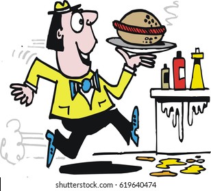 Cartoon of happy man running with hamburger on plate in restaurant with sauce bottles. 