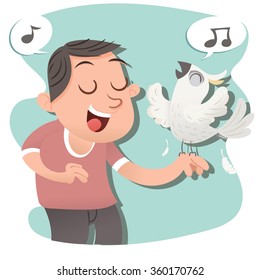 cartoon happy man singing with his bird