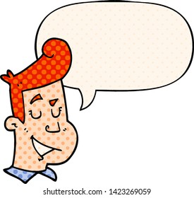 cartoon happy man with speech bubble in comic book style