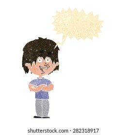 hombre feliz de dibujos animados con burbuja de habla