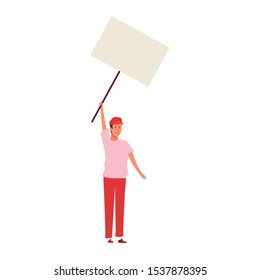 cartoon happy man standing and holding a blank poster over white background, vector illustration