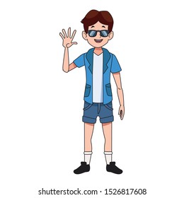 cartoon happy man standing and wearing sunglasses icon over white background, colorful design. vector illustration