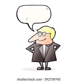 cartoon happy man in suit with speech bubble