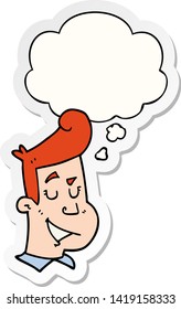 hombre feliz de dibujos animados con burbuja de pensamiento como pegatina impresa