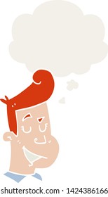 hombre feliz de caricatura con burbuja de pensamiento en estilo retro