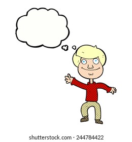 cartoon happy man waving with thought bubble