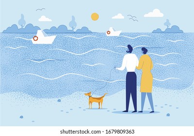Cartoon Happy Married Couple Characters Walking with Dog on Leash. Bearded Man and Woman in Love Standing on Seaside and Looking at Drifting Ships. Romantic Walk. Vector Flat Illustration