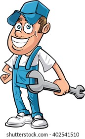 Cartoon happy mechanic man. Isolated on white