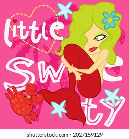 cartoon happy mermaid and starfish text and palm tree pink background