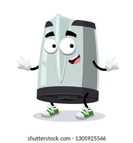 cartoon happy metal electric kettle mascot smiling on white background