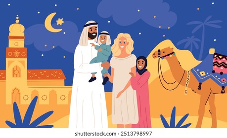 Cartoon glücklich gemischte Familie. Eltern und Kinder unterschiedlicher Rassen. Multiethnisches Paar. Muslimisches Land. Ein arabischer Mann und eine europäische Frau mit Kindern. Internationale Beziehungen