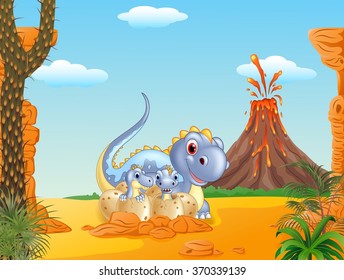 Cartoon happy mom dinosaur and baby dinosaurs hatching in the prehistoric background